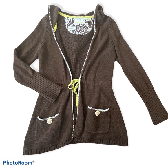 ANTHROPOLOGIE SPARROW TIE FRONT BROWN KNIT HOODED SWEATER. FRONT POCKETS, SZ: M - Picture 2 of 8
